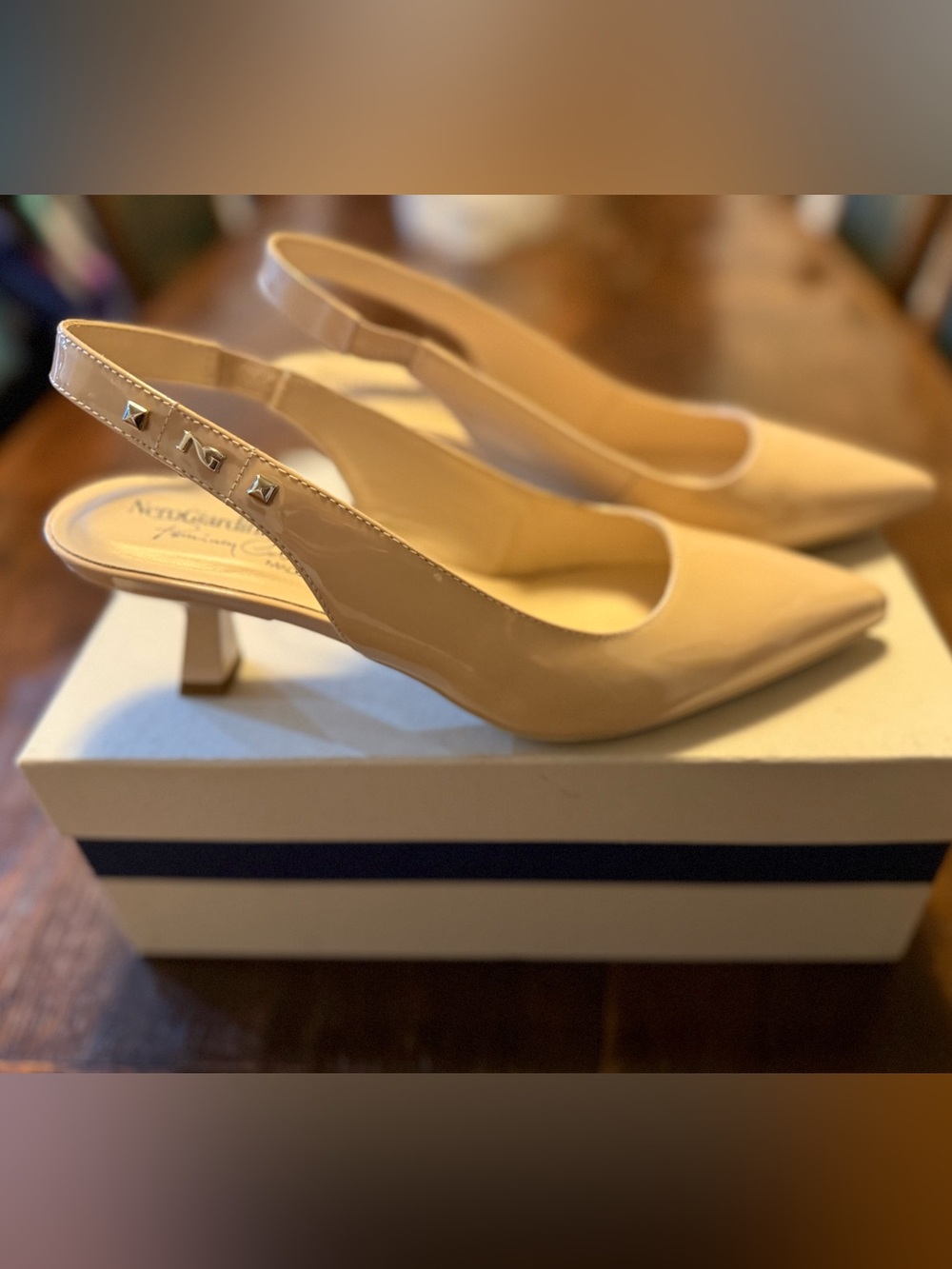 Nero Giardini Nude Patent Slingback Pumps with Stud Detail